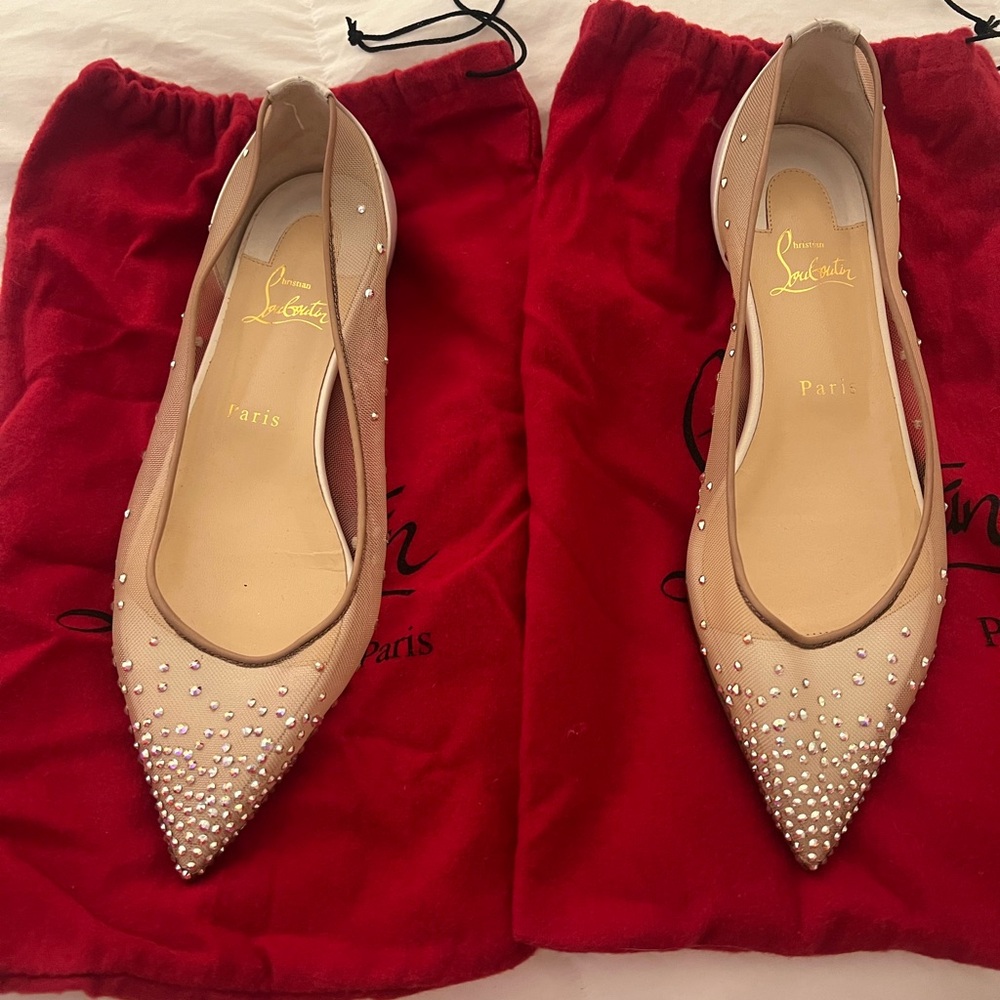 Christian Louboutin Follies Strass Nude Crystal Pointed-Toe Ballerina Flats